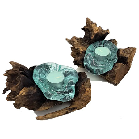 Two turquoise glass tealight holders with silver swirls set in dark brown driftwood wood with compact size