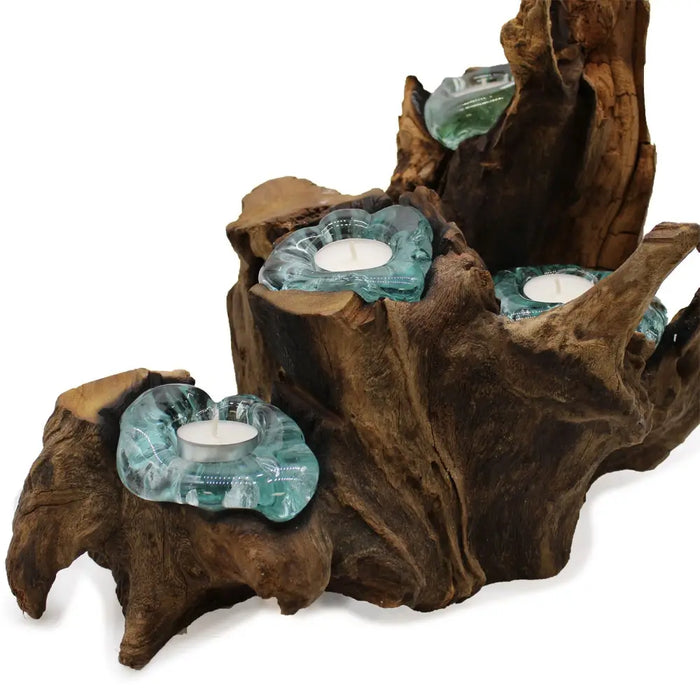 Teal glass five tealight holder with flower-like design set in a dark brown gamal wood driftwood base