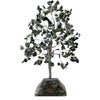 A dark green leafy gemstone tree made of moss agate with a silver wire frame and organite base with 320 stones