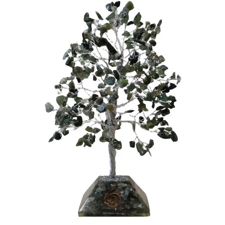 A dark green leafy gemstone tree made of moss agate with a silver wire frame and organite base with 320 stones