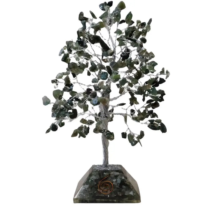 A dark green leafy gemstone tree made of moss agate with a silver wire frame and organite base with 320 stones