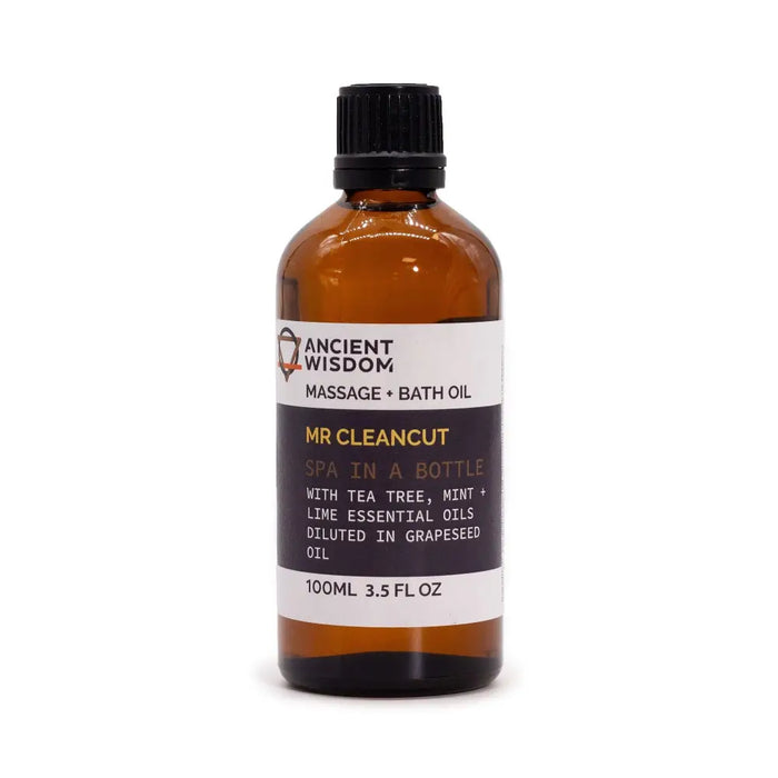 A 100ml amber glass bottle of mr cleancut shaving oil with essential oils like tea tree mint and lime in grapeseed oil