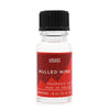 A clear glass bottle with black ribbed cap and red label of ancient wisdom mulled wine fragrance oil for diffusers and candles
