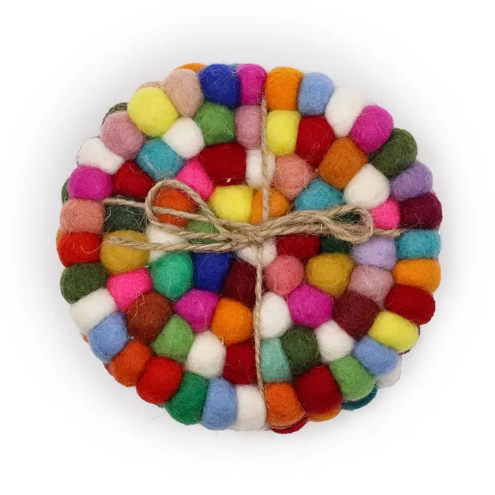 Multi-colour felt ball coasters round set of 4 made of woolen balls in pink blue green and yellow tied with twine