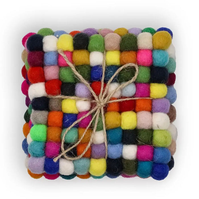 Square wool felt coasters made of colorful woven balls tied with natural twine in a set of 4
