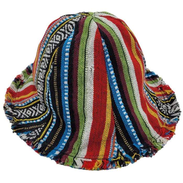 A vibrant multi-coloured handwoven sun hat with bold vertical stripes and geometric patterns on the brim