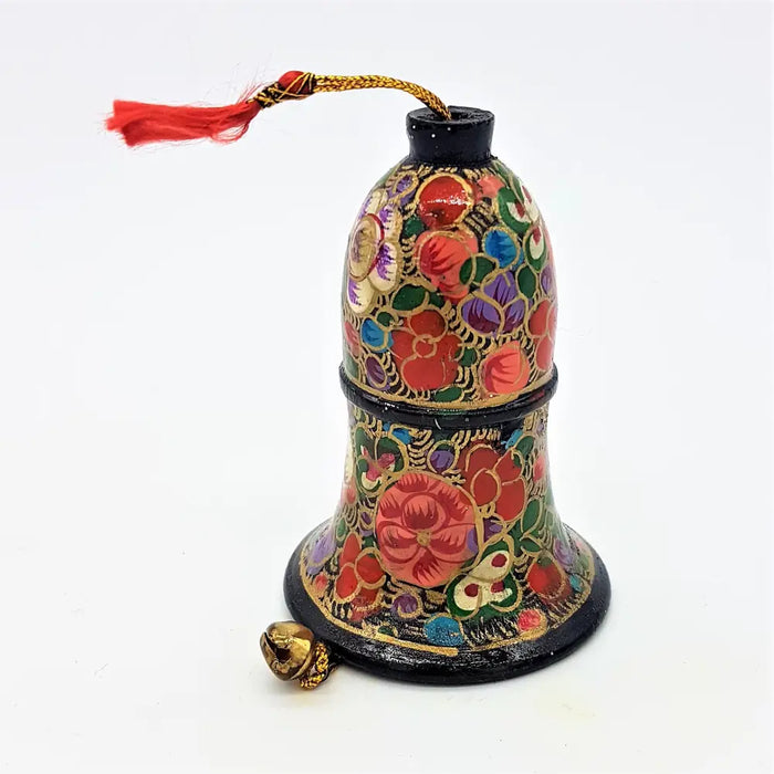Multi floral hand painted papier maché bauble with vibrant red green purple and gold flowers on black base and red tassel