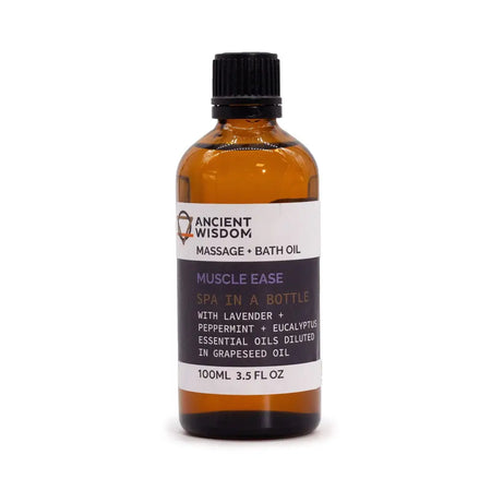 Amber glass bottle of ancient wisdom muscle ease massage oil with black ribbed cap containing essential oils for muscle ease