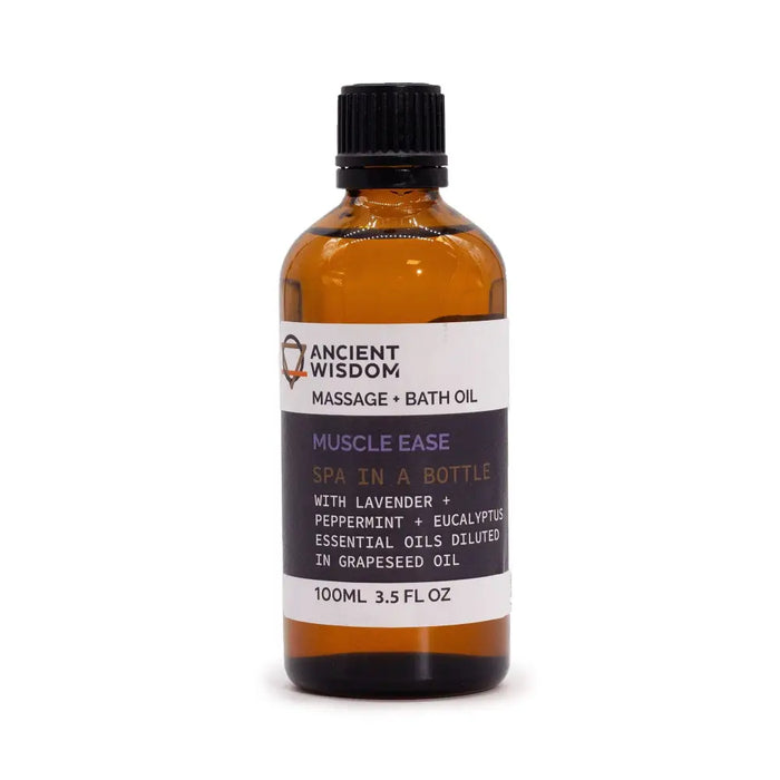 Amber glass bottle of ancient wisdom muscle ease massage oil with black ribbed cap containing essential oils for muscle ease