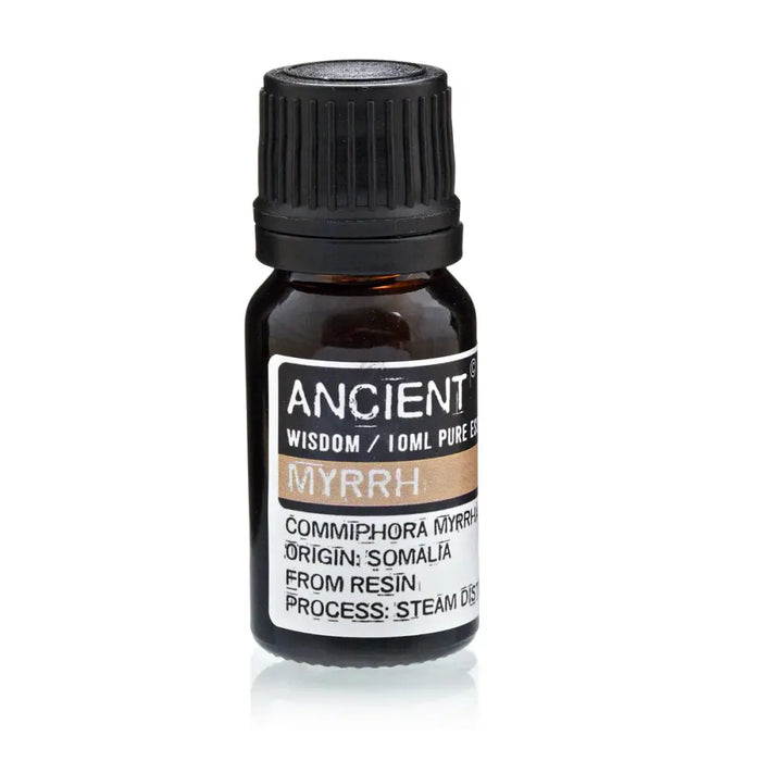 A small dark amber glass bottle of ancient wisdom myrrh essential oil with a black cap and white label 10ml