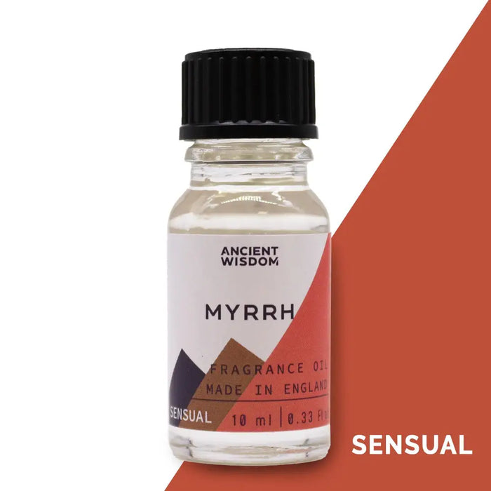 A clear glass 10 ml bottle of ancient wisdom myrrh fragrance oil with black cap and allergen declarations label
