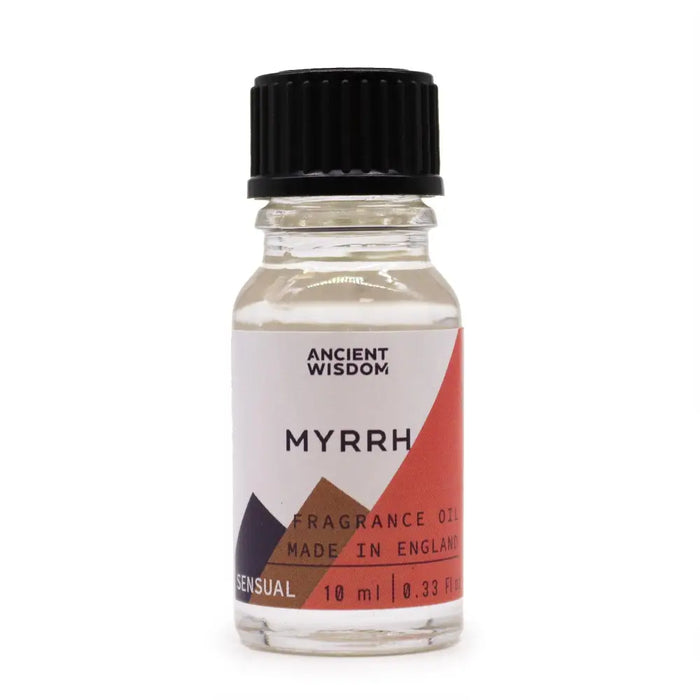 A clear glass bottle of myrrh fragrance oil with a black cap and a geometric label showing allergen declarations