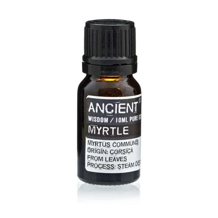 A small amber glass bottle of myrtle essential oil with a black cap and white label reading ancient wisdom 10ml