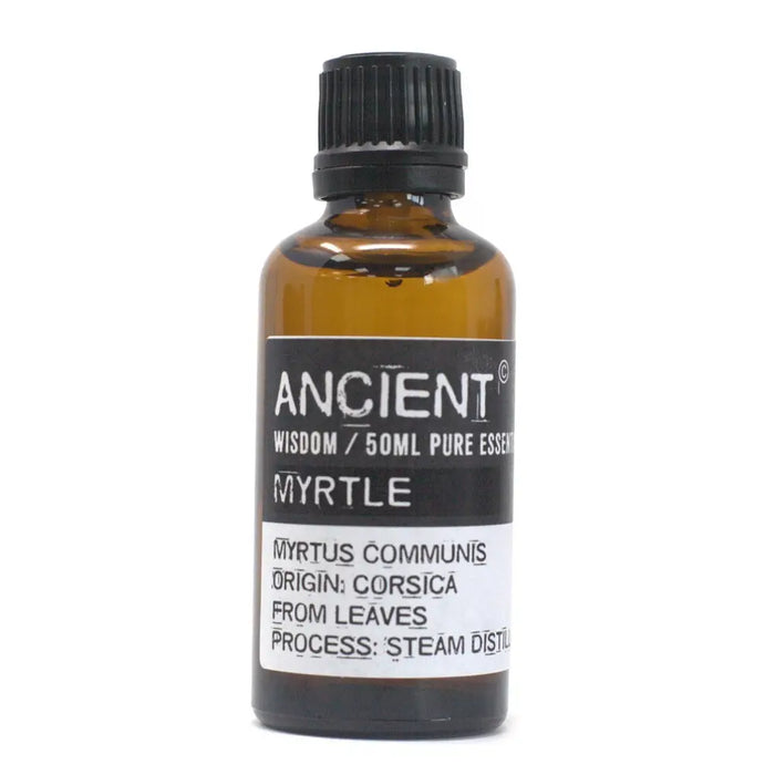 A 50ml amber glass bottle of myrtle essential oil with black cap from the myrtus communis plant in corsica