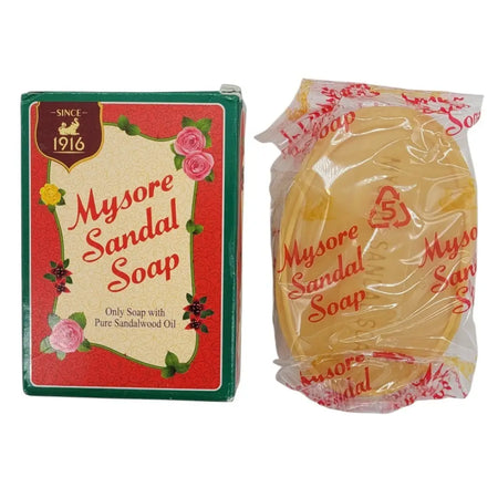 Mysore sandal soap bar 75g creamy yellow sandal soap wrapped in clear plastic with red branding and floral designs