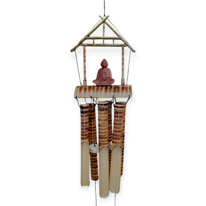Natürliches Bambus-Windspiel - Brauner Buddha, 6 gestreifte Röhren