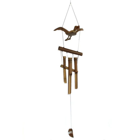 A rustic wooden bird bamboo wind chime with natural bamboo tubes and a hanging metal clapper