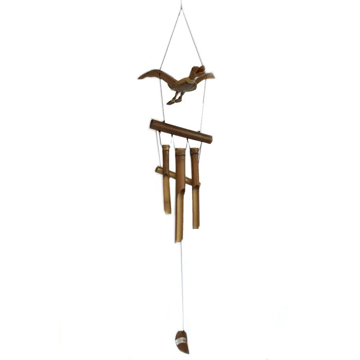 A rustic wooden bird bamboo wind chime with natural bamboo tubes and a hanging metal clapper