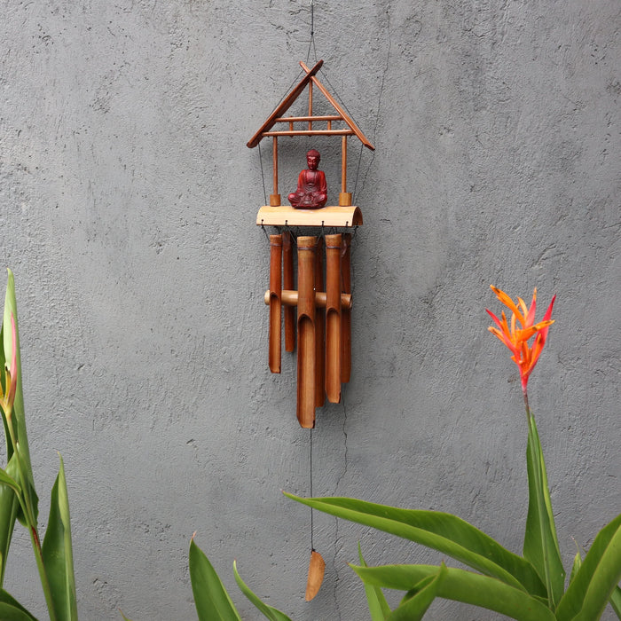 Natürliches Bambus-Windspiel – Brauner Buddha, 6 Röhren