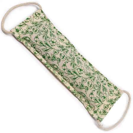 Beige cotton pouch with green floral pattern and natural twine handles for wheat heating bags