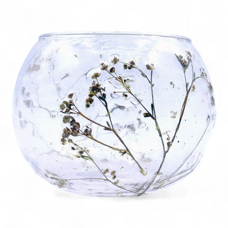 Clear textured recycled glass candle holder bowl with dried baby’s breath for natural floral decor use