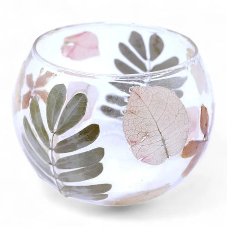 Natural floral glass bowl candle holder with pressed green pink and brown leaves made from recycled glass
