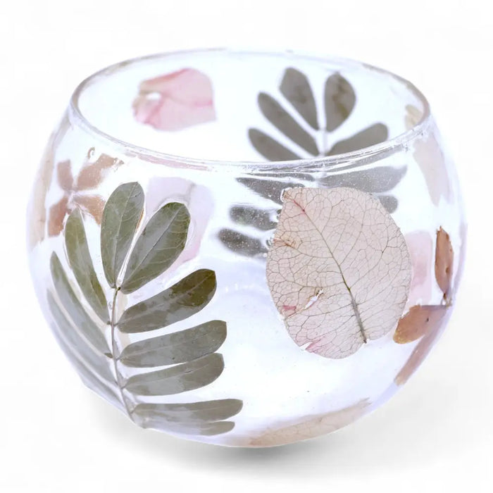 Natural floral glass bowl candle holder with pressed green pink and brown leaves made from recycled glass