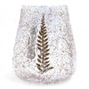 Clear glass candle holder with textured recycled glass and embossed brown fern design in a large bowl shape