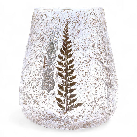 Clear glass candle holder with textured recycled glass and embossed brown fern design in a large bowl shape