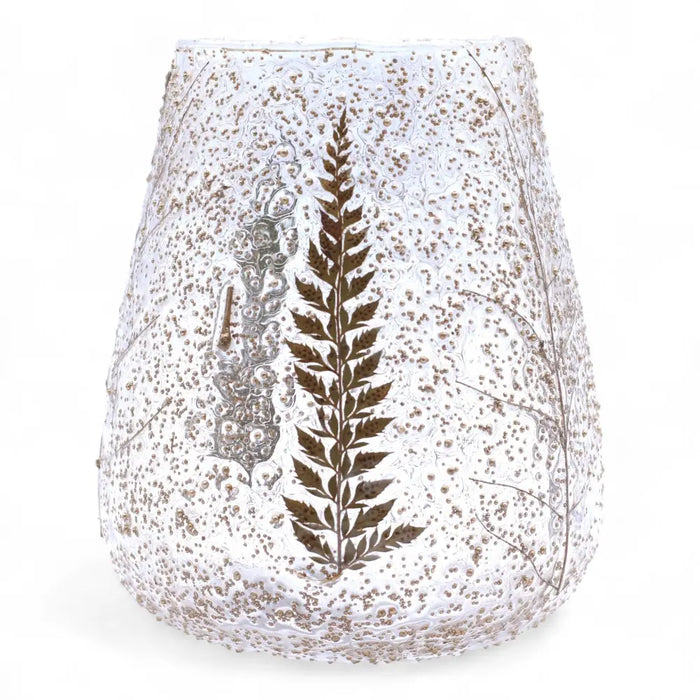 Clear glass candle holder with textured recycled glass and embossed brown fern design in a large bowl shape