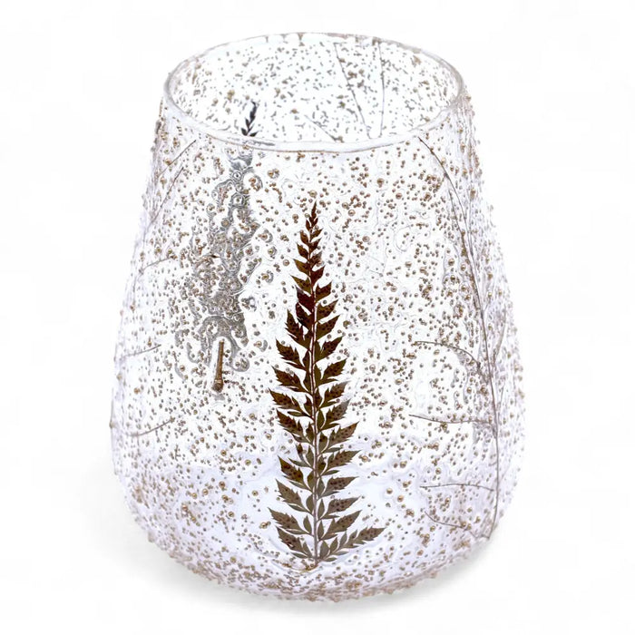 Natural floral glass large bowl candle holder in clear recycled glass with brown embossed fern and speckled texture