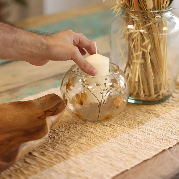 Natural floral glass large bowl candle holder in clear recycled glass with dried floral and leaf designs embedded