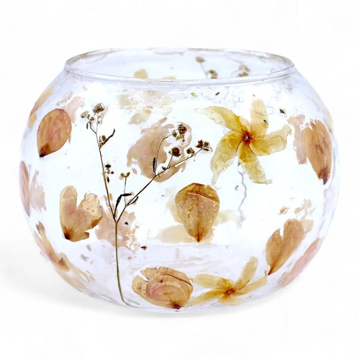 Natural floral glass large bowl candle holder made of recycled glass with amber and pale yellow dried flowers inside