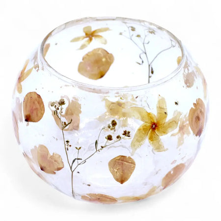 Natural floral glass large bowl candle holder with dried brown flowers and leaves in recycled glass material