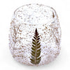 Natural floral glass straight candle holder in recycled glass with dark green embossed fern and speckled texture