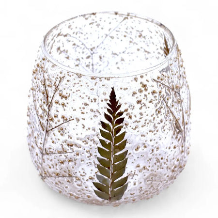 Natural floral glass straight candle holder in recycled glass with dark green embossed fern and speckled texture