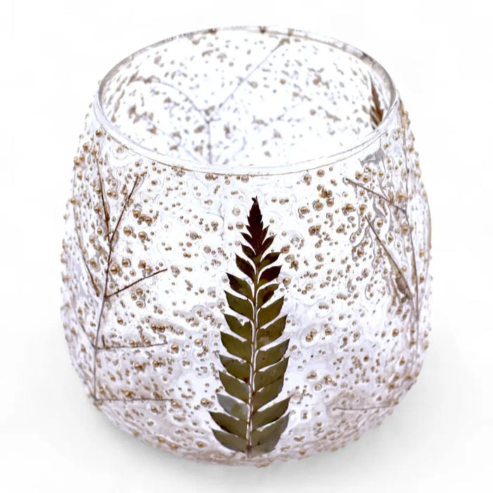 Natural floral glass straight candle holder in recycled glass with dark green embossed fern and speckled texture