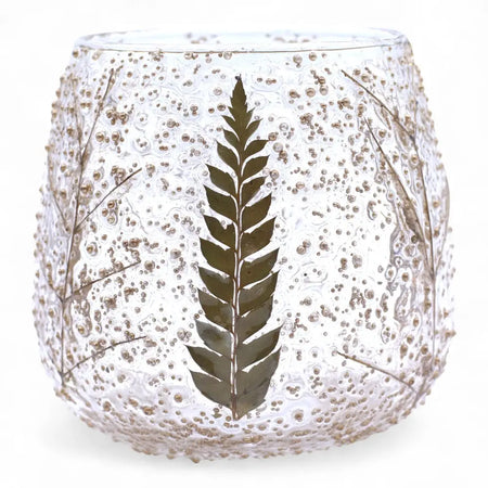Natural floral glass straight candle holder pino made of clear recycled glass with bubbled texture and dark green leaf design