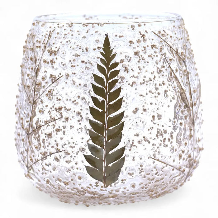 Natural floral glass straight candle holder pino made of clear recycled glass with bubbled texture and dark green leaf design