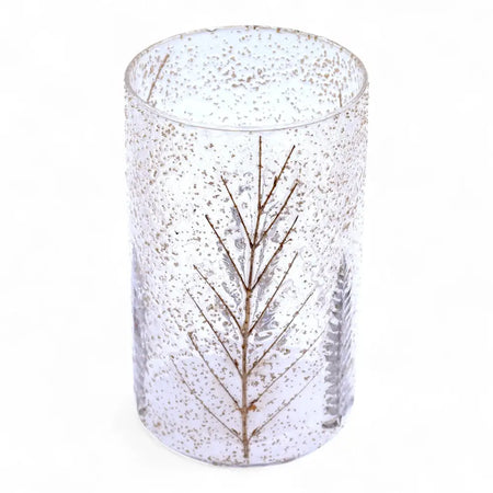 Natural floral glass tall vase candle holder in clear recycled glass with brown and silver pressed botanical designs