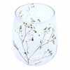 Clear glass recycled glass candle holder with delicate dried baby’s breath flowers embedded inside natural floral style