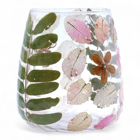Natural floral glass vase candle holder with preserved green pink and brown leaves made of recycled glass