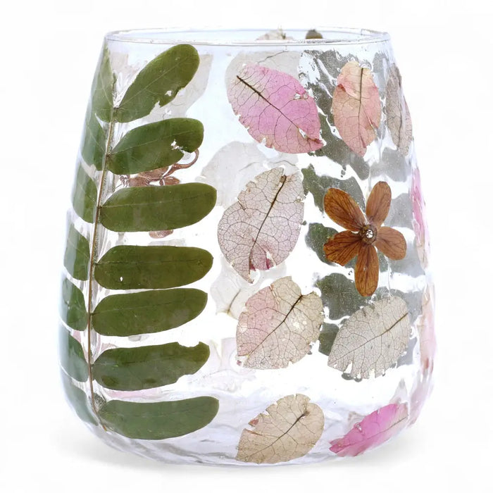 Natural floral glass vase candle holder with preserved green pink and brown leaves made of recycled glass