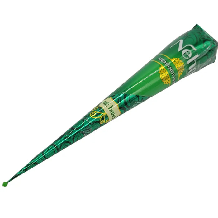 Natural neha mehandi henna cone in green with glossy patterned wrapper and gold accents containing henna paste