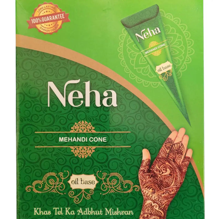 Natural neha mehandi henna cone green oil based with henna paste and detailed mehndi designs on a hand