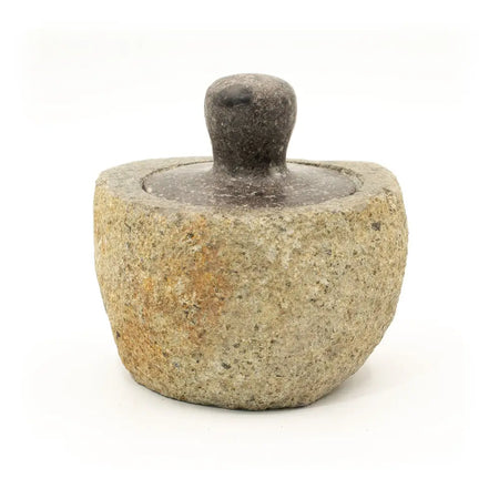 Natural riverstone trinket pot medium made of rough speckled gray stone with matching dark gray pestle mortar