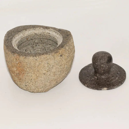 Natural riverstone trinket pot medium with rough gray speckled stone and dark granite lid with rounded knob