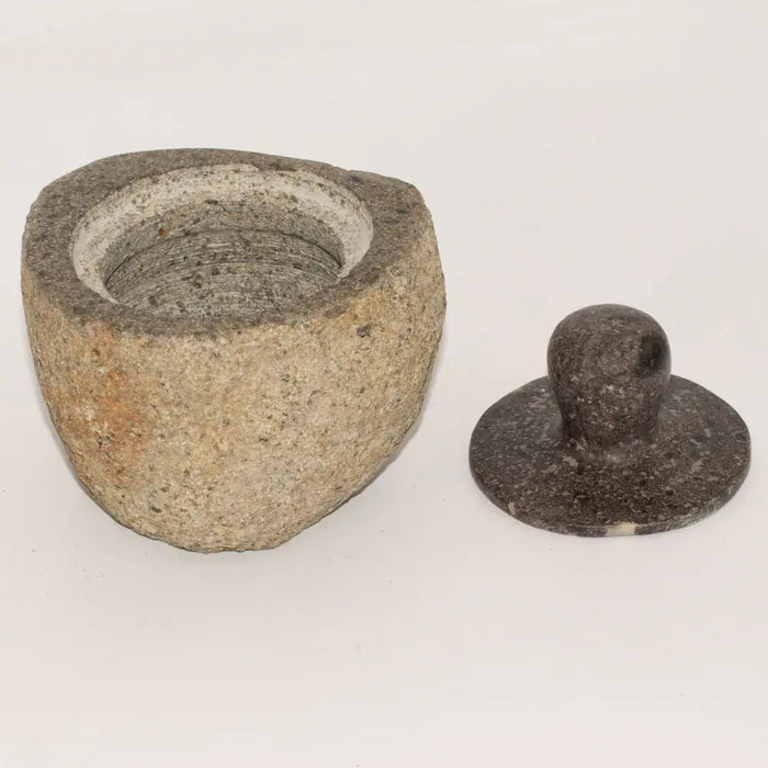 Natural riverstone trinket pot medium with rough gray speckled stone and dark granite lid with rounded knob