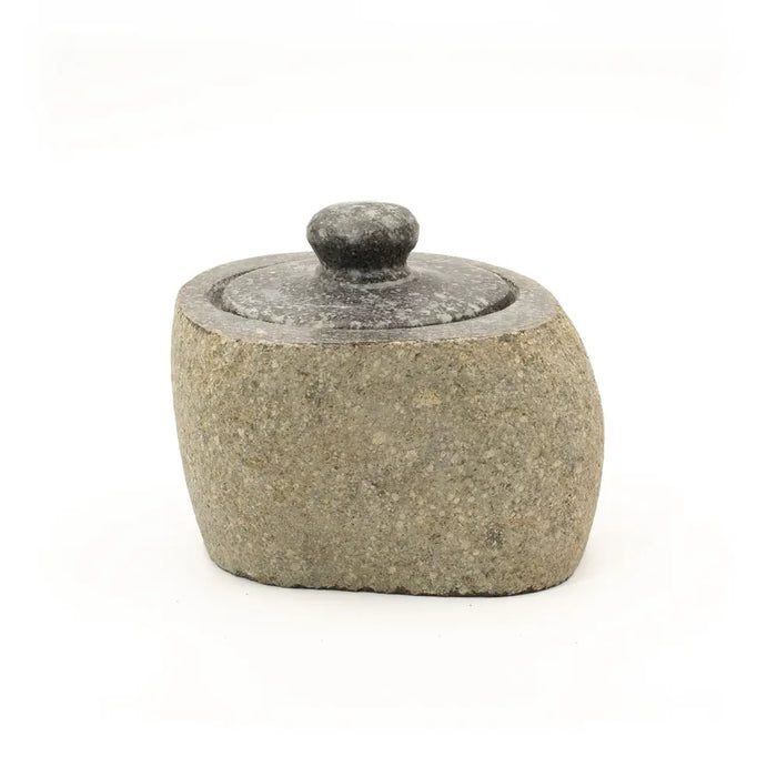 Gray stone natural riverstone trinket pot with matching lid and rounded knob for small storage