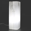 Natural selenite block lamp with a translucent white carved tree of life design on a rectangular surface